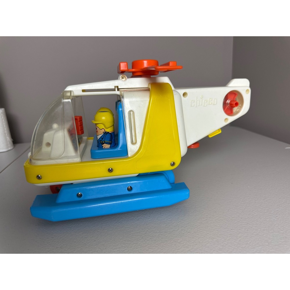 Vintage Chicco Toy Helicopter White Blue Yellow with 2 Pilot Figures Classic Toy